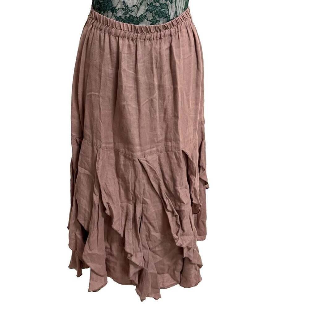 Cynthia Rowley Linen Ruffle Midi Skirt Taupe Elastic Waist Ren Faire Steampunk M